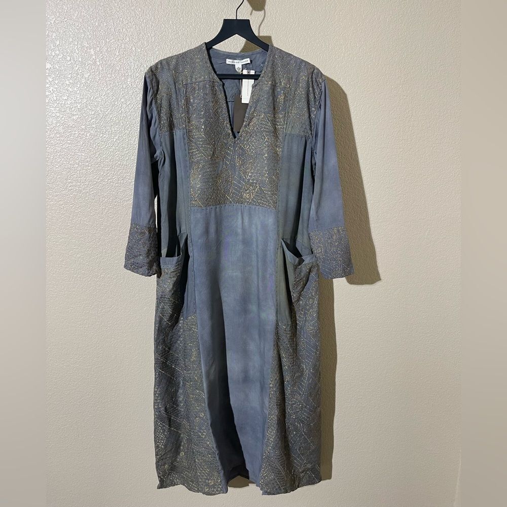 Burning Torch Long Sleeve Blue Dress with Gold Detailing